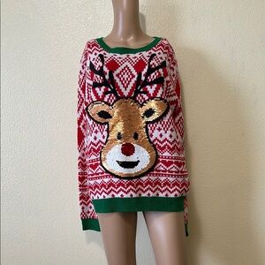 No Boundaries- Festive Reindeer Sweater - Red and Green